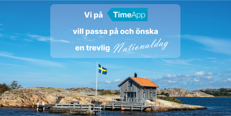 Bild som illustrerar en brygga och en svensk flagga, med en nationaldagshälsning från TimeApp.