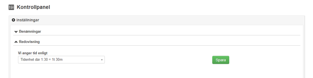 Skärmdump från TimeApp som illustrerar Kontrollpanel och Inställningar, hur man redovisar i timmar i minuter