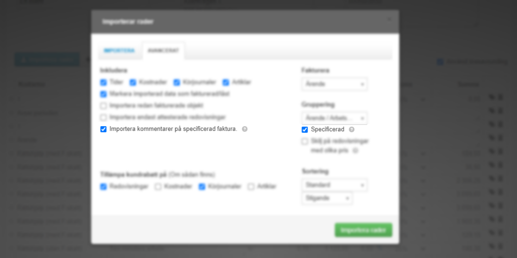 Bild som illustrerar vad man ska välja för att fakturera med kommentarer i fakturan.